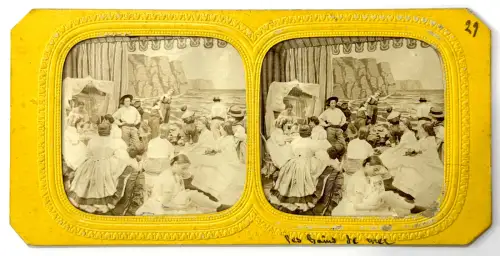 Carte stéréoscopique "Les bains de mer" french tissues c.1870 Tirage albuminé