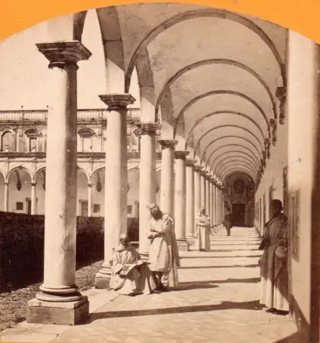 Robert Rive Napoli, vue stéréo tirage albuminé-Cloître du Couvent St Martin 1875