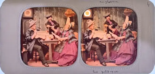 Carte stéréoscopique "Les politiques" french tissue c.1870 Tirage albuminé