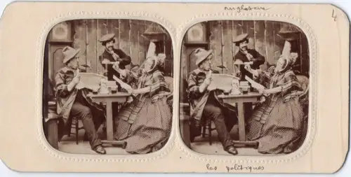 Carte stéréoscopique "Les politiques" french tissue c.1870 Tirage albuminé