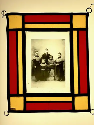 Glass Photograph – Sibling Portrait with Stained-Glass and Lead Frame Circa 1920