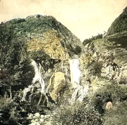 Ferrier et Soulier Plaque de verre peinte vue stéréo "Cascade de Sarenne" c.1875