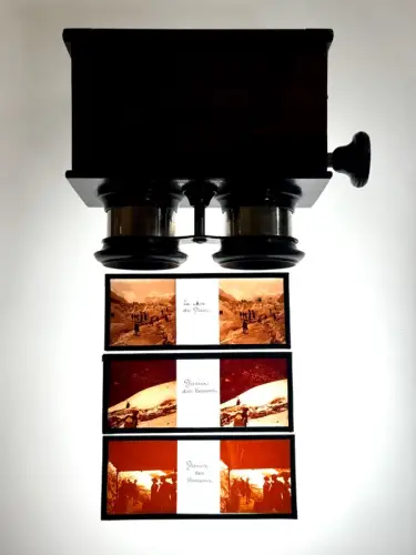 Visionneuse et 3 plaques stéréo sur  les Glaciers de Chamonix circa 1890