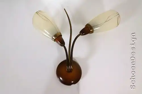 Vintage Lampe Wandlampe Wandleuchte Holz Messing Glas Tütenlampe 50er 60er #1