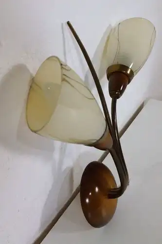 Vintage Lampe Wandlampe Wandleuchte Holz Messing Glas Tütenlampe 50er 60er #1