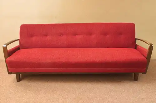 Vintage Schlafcouch Daybed Sofa mit Holz Armlehnen Rot Bettkasten 50er Jahre