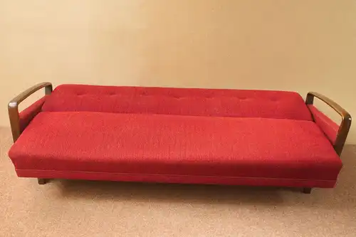 Vintage Schlafcouch Daybed Sofa mit Holz Armlehnen Rot Bettkasten 50er Jahre