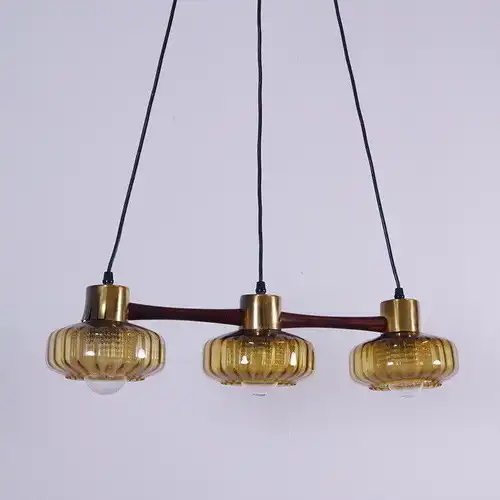 Mid Century Teak Pendelleuchte Vintage Lampe Schweden 3 gelbe Gläser  60er Jahre