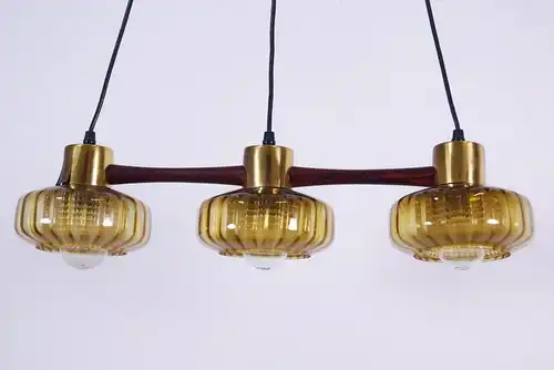 Mid Century Teak Pendelleuchte Vintage Lampe Schweden 3 gelbe Gläser  60er Jahre