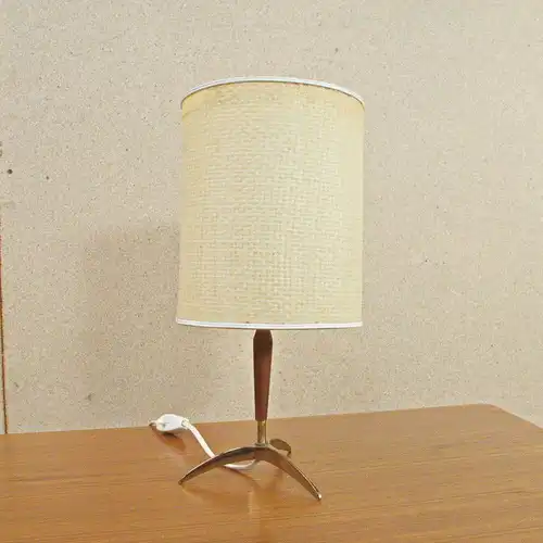 Mid Century Tischlampe mit Dreifuß, TEAK Vintage Lampe Vermessingt 60er Jahre