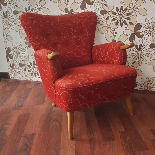 Vintage Wingback Chair Sessel Armlehnensessel Buche Orig Stoff Federkern 50er