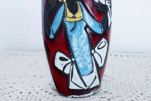 Tischvase vase fat lava "mädchen mit vogel" majolika keramik 60er jahre vintage