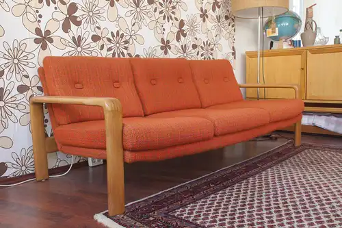 Midcentury sofa couch dänemark danish design eiche hell neu bezogen orange 60er