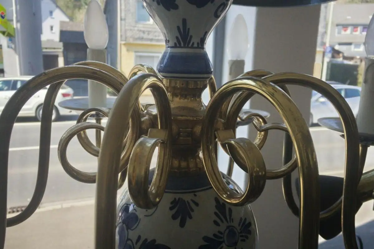 XL kronleuchter chandellier hängelampe mit keramik + messing 8 arme 50er jahre 6