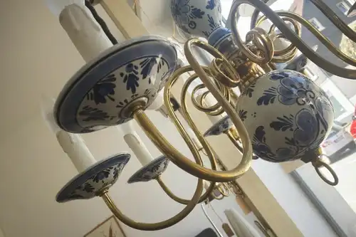 XL kronleuchter chandellier hängelampe mit keramik + messing 8 arme 50er jahre