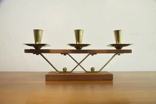 60er jahre teak kerzenständer danish design messinghalter für 3 kerzen teakholz