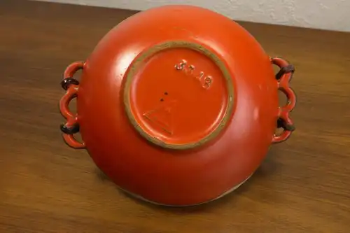 Vintage schale schälchen mit rattan griff rot orange glasur 3348 aus den 50er n