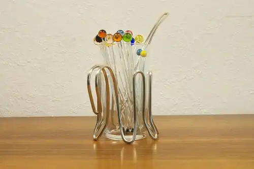 Vintage snack glas mit chrom halter & 12 glaspicker kunstglas manufaktur 60er