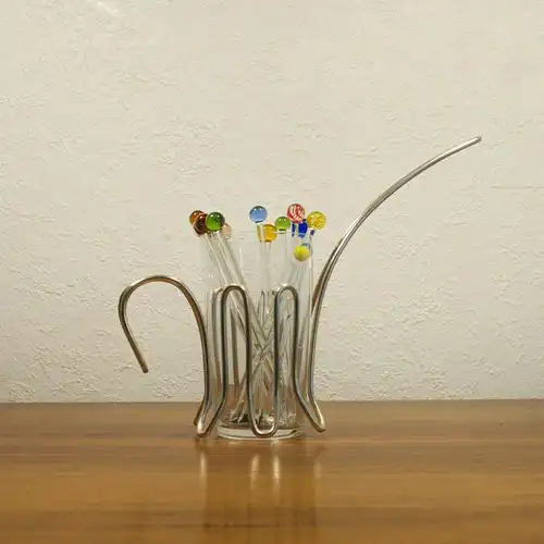 Vintage snack glas mit chrom halter & 12 glaspicker kunstglas manufaktur 60er