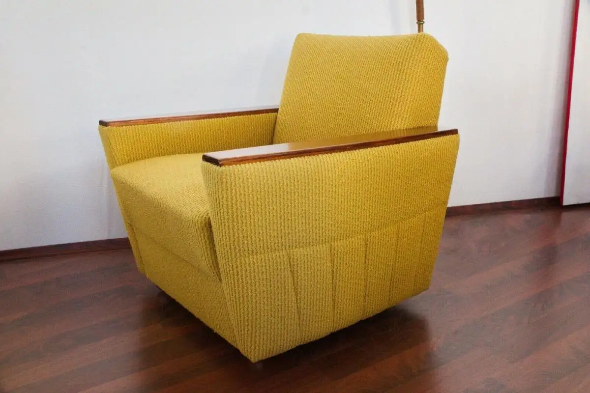 Mid Century Sessel, Easychair Curry Holzarmlehne Chromrollen, 60er, 70er Jahre 2