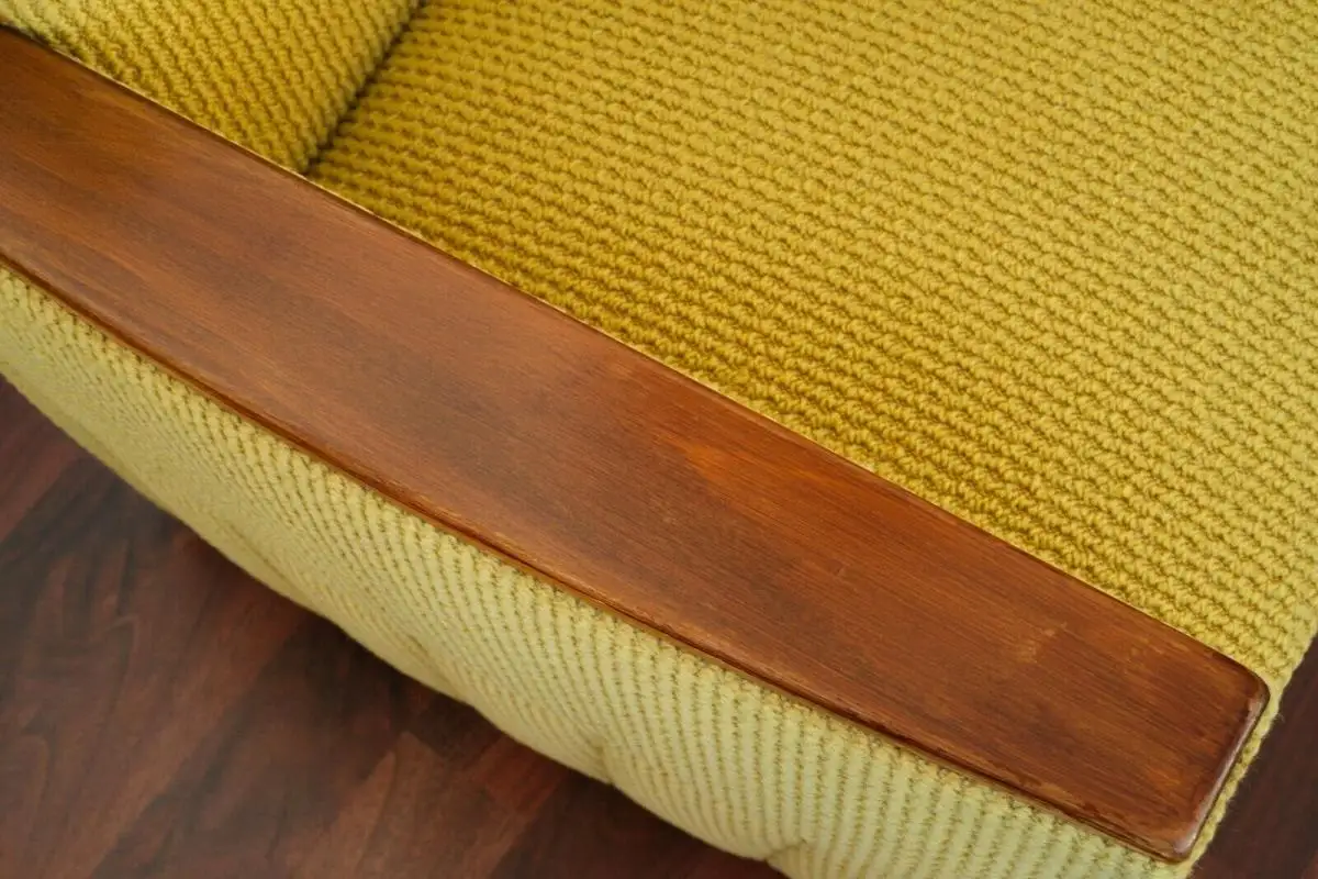 Mid Century Sessel, Easychair Curry Holzarmlehne Chromrollen, 60er, 70er Jahre 7