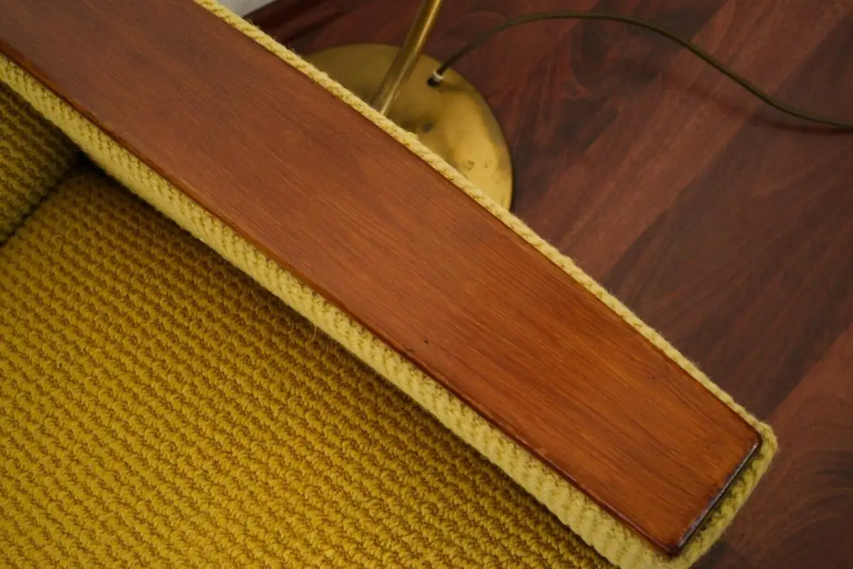 Mid Century Sessel, Easychair Curry Holzarmlehne Chromrollen, 60er, 70er Jahre 8