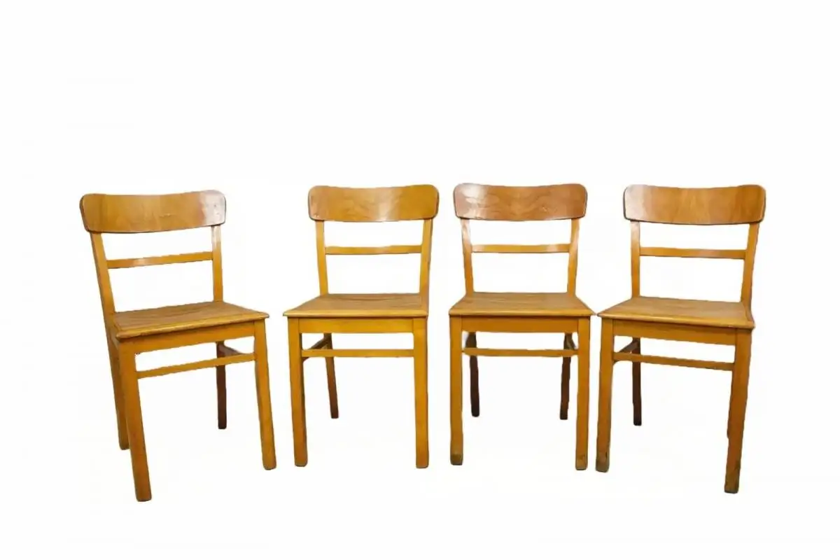 4 formschöne alte Küchenstühle Stühle aus Buchenholz mit Linoleum am Sitz | 50er 0