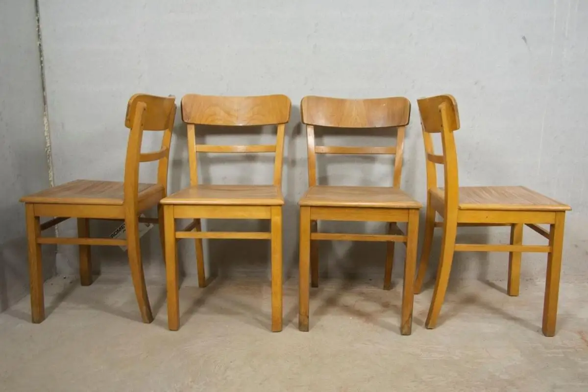 4 formschöne alte Küchenstühle Stühle aus Buchenholz mit Linoleum am Sitz | 50er 3