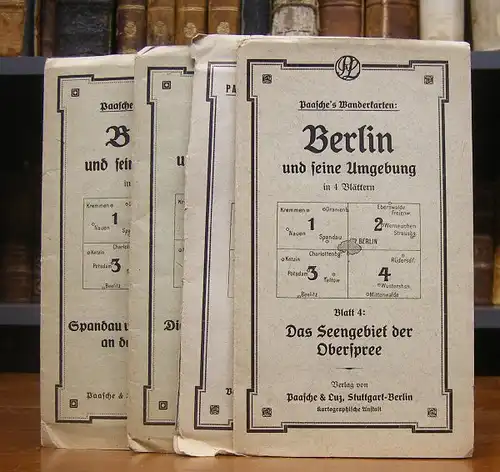 Paasche&#039;s Wanderkarten. Berlin und seine Umgebung in 4 Blättern, cplt. in 4 Blättern. Vier farbige Karten, Blattgröße ca. 58 x 54,5 cm. Blatt 1: Spandau...