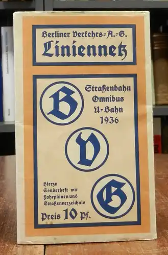 Liniennetz der Berliner Verkehrs AG (BVG). Straßenbahn, Omnibus, U-Bahn. Stand vom Mai 1936. Beidseitig bedruckter Faltplan, 57 x 77 cm. (zwei leichte Einrisse, sonst gutes und sauberes Exemplar).