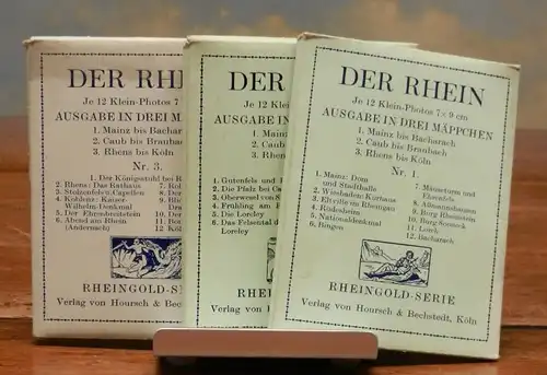 Rhein: Der Rhein. Rheingold Serie. Ausgabe in drei Mäppchen, cplt. in 3 Mäppchen. Mit zusammen 36 Photos. Nr. 1: Mainz bis Bacharach, Nr. 2: Caub bis Braubach, Nr. 3: Rhens bis Köln.