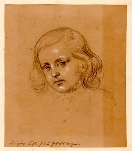 Laudage, Johann Franz Xaver: Bildnisstudie eines Jungen. Mit weiß gehöhte orig. Bleistiftzeichnung. Blattgröße ca. 13 x 11cm (auf Pappe montiert, am rechten Rand ein Lichtrand, die Trägerpappe etwas stockfleckig, sonst gutes und sauberes Blatt).