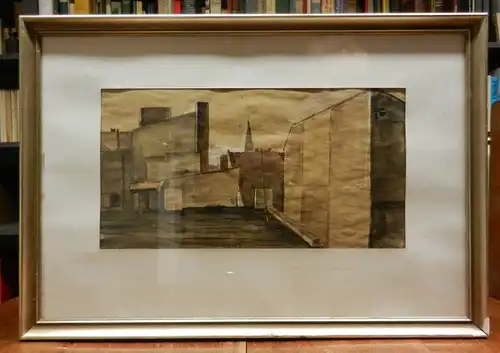 Peuckert, Sabine: Dachlandschaft. Original Aquarell von 1982, ca. 24 x 46 cm, rechts unten signiert und auf der Rückseite bezeichnet. Hinter Passepartout und im Rahmen (der Rahmen, mit zwei Beschädigungen, könnte oder sollte erneuert werden).