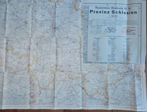 Schlesien / Slask: Ravensteins Bürokarte Nr. 16: Provinz Schlesien. Maßstab 1 . 300 000. Farbige Faltkarte, Blattgröße ca. 87 x 130 cm.