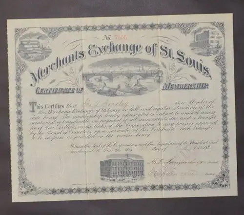 Original Stock - Share - Bond / Original Aktie - Anleihe - Anleiheschein - Beteiligungsschein: Merchants Exchange of St Louis Certificate of Membership, No. 7555. 4 Vignettes. Ca. 24,5 x 30,5 cm (cancelled / entwertet).