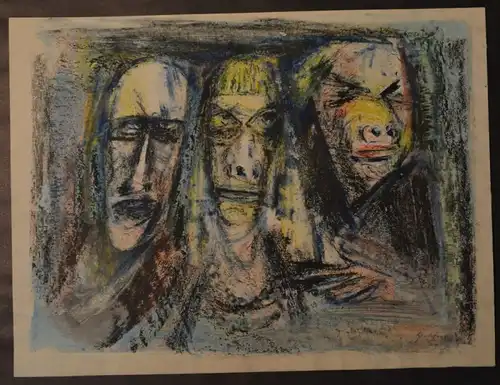 Kuhfuss, Paul: Drei Figuren / Trio. Buntstift, Farbkreide und Wasserfarbe auf Papier. Blattgröße: 37,5 x 50 cm. Rechts unten signiert.