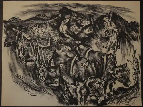 Kuhfuss, Paul: Ochsenkarren mit Bauernpaar bei der Heuernte. Kohle auf Papier, 48,5 x 64 cm, wie meist bei Zeichnungen von Kuhfuss nicht signiert.