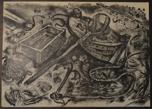 Kuhfuss, Paul: Ostsee Strandszene mit Fischerboot, Anker und Kescher. Kohle auf Papier, 46 x 64 cm, wie meist bei Zeichnungen von Kuhfuss nicht signiert.