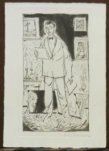 Müller, Karl Erich: Stehender Graphiksammler. Orig Radierung auf Bütten, rechts unten in Bleistift signiert. / Standing art collector. Orig. etching, signed lower right in pencil.