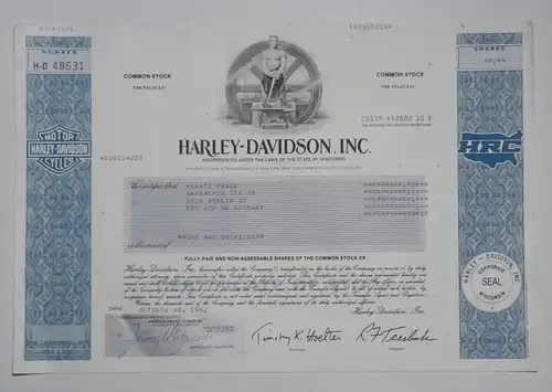 Original Stock - Share - Bond / Original Aktie - Anleihe - Anleiheschein - Beteiligungsschein: Harley Davidson Inc.: Harley Davidson Inc., Common Stock - Share. Orig. Certificate dated October 30, 1992. 20,4 x 30,5 cm.