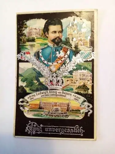 [Künstlerpostkarte Unikat gemalt/gezeichnet] König Ludwig mit seinen Schlössern. 