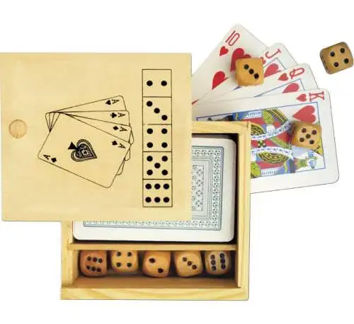 Spiele-Set in Holzkiste Reise Gesellschaftsspiele Würfel Kartenspiel Neu