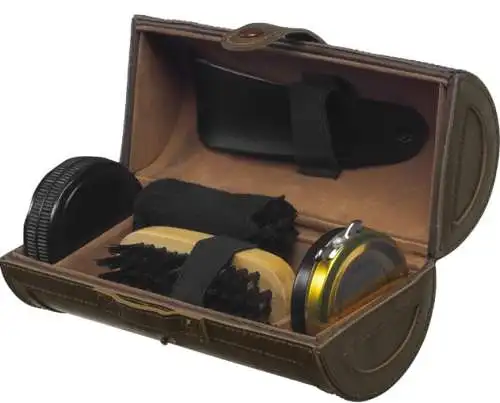 Retro Schuhputzset in Premium-Qualität braun im Holz-Etui Wachs Schuh-Zubehör Neu