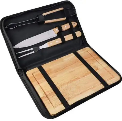 Grill-Set Tasche + Messer + Zange + Gabel + Holzschneidebrett Neu