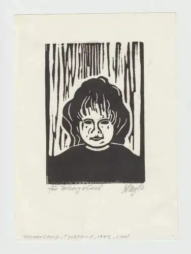 Aus Sammlung von Joe Erich KUHN - Lineolschnitt  sign. Werner Lang, (Dt. Künstler) dat. 1993, mit pers. Widmung - *Ansicht eines Mädchens*