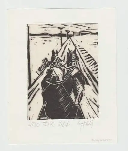 Aus Sammlung von Joe Erich KUHN -  handsignierte Lithographie - unleserlich sign., datiert 1968, Dänemark *Pferdegespann*, 