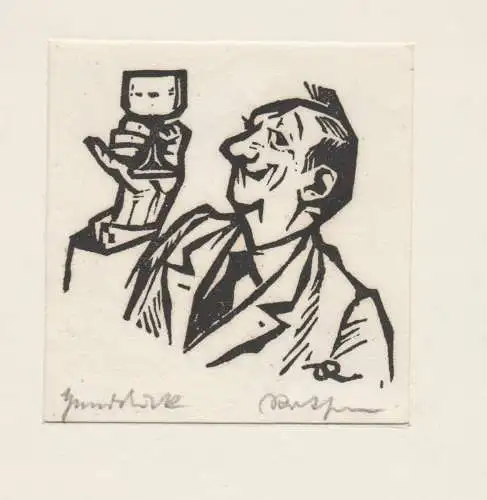 RICHARD ROTHER 1890-1980  *HOCH DAS GLAS*, alter Holzschnitt, Würzburg, München, Nürnberg, 9x 11,5 cm