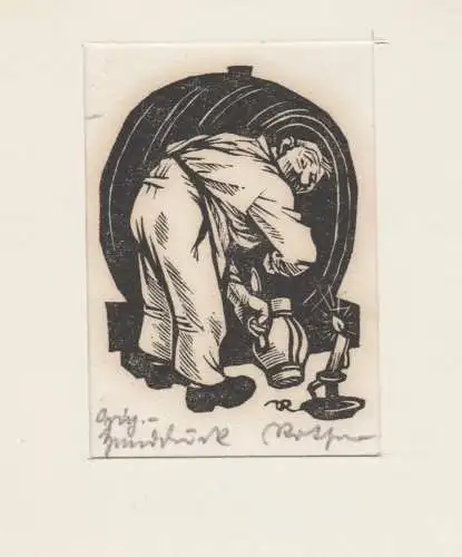 RICHARD ROTHER 1890-1980  *BEIM WEIN ZAPFEN*, alter Holzschnitt, Würzburg, München, Nürnberg, 10x 11,5 cm
