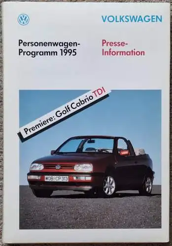 Pressemappe VW Volkswagen 3/1995 mit 25 Pressefotos schwarz/weiss, Textdiskette und umfangreichem Pressetext deutsch. Polo, Golf VR6 syncro, Golf Cabriolet TDI, Corrado, Passat uva. 
