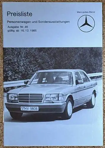 Preisliste Mercedes Benz 12/1985 Nr. 46 W201 W124 W126 R107 190 D, 190 E 2.3-16, 200, 260E, 300 TD, 260 SE, 300 SEL, 500 SE, 420 SEC, 300 SL, 420 SL. 